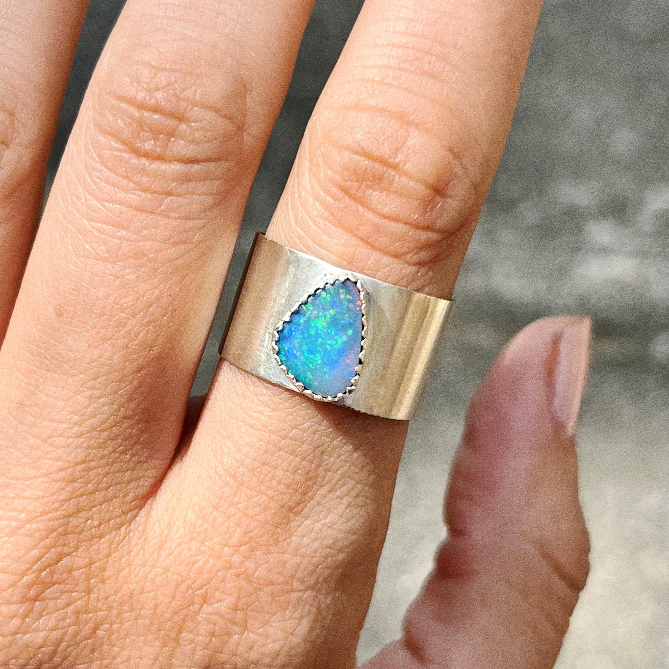 organic-shaped opal wide silver ring - size 8