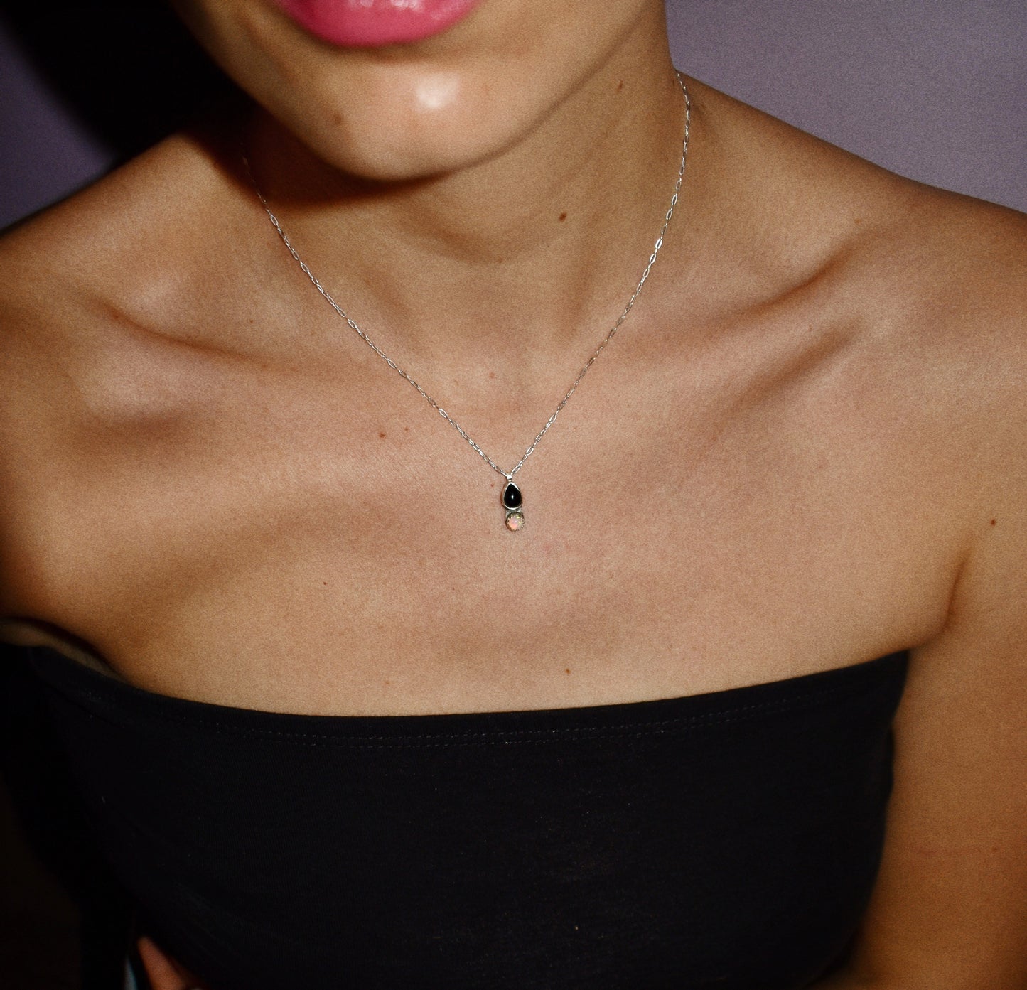 opposites attract mini necklace (opal & onyx)