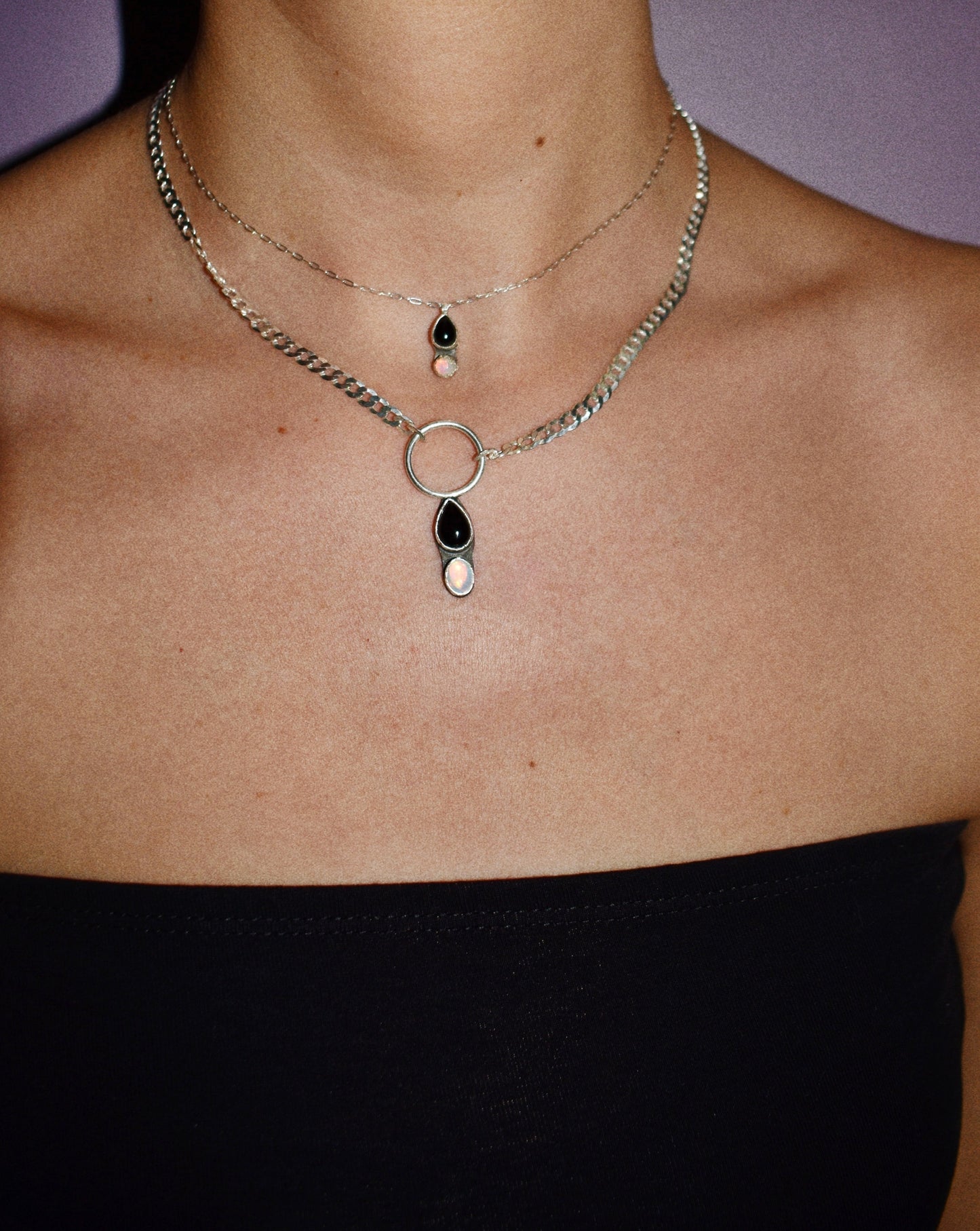 opposites attract mini necklace (opal & onyx)
