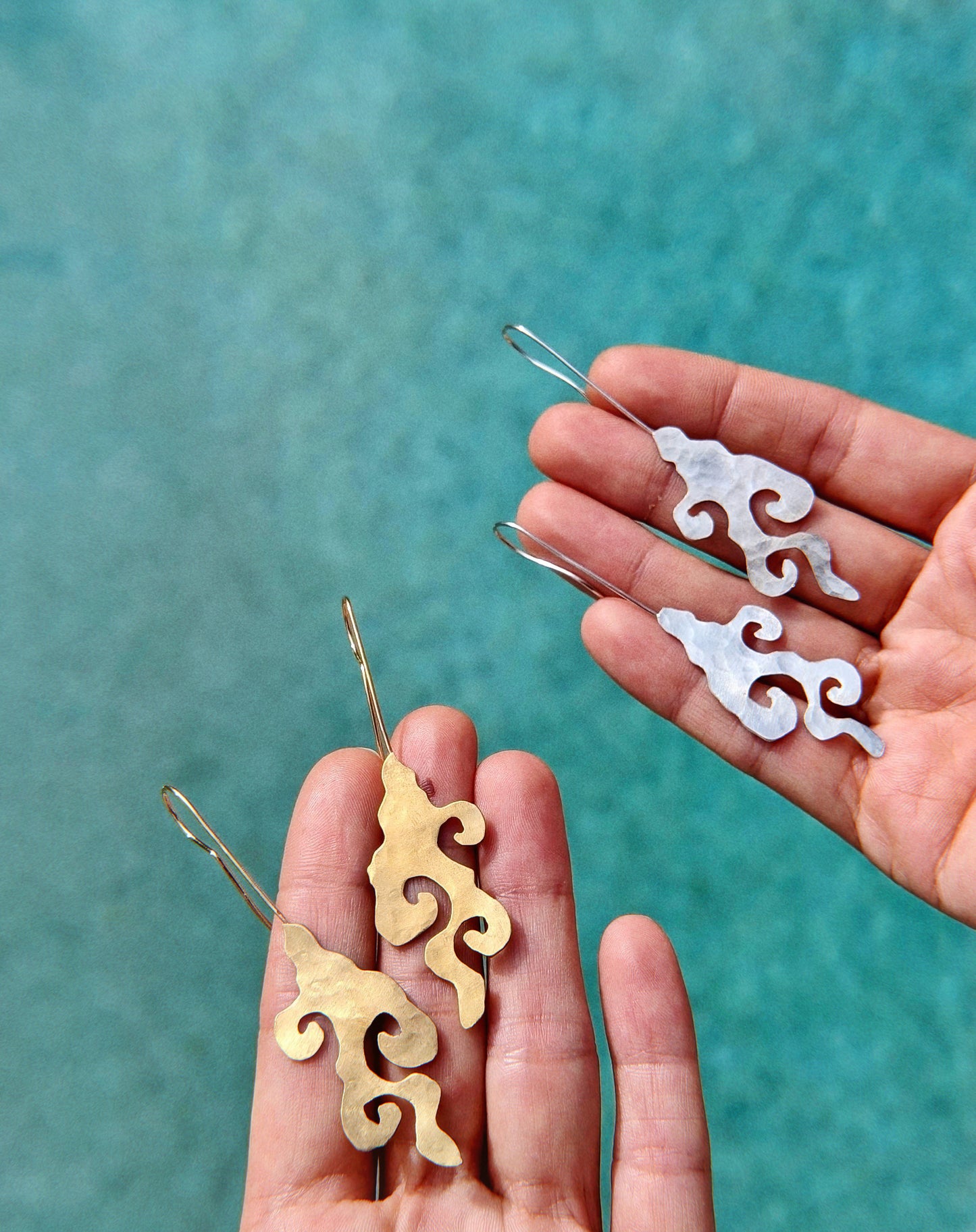 smoke earrings in brass, gold & sterling silver