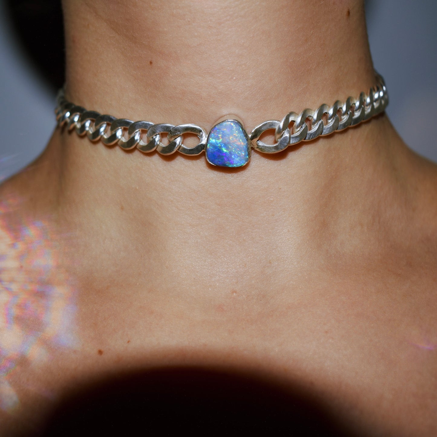 rainbow opal on chunky curb chain choker