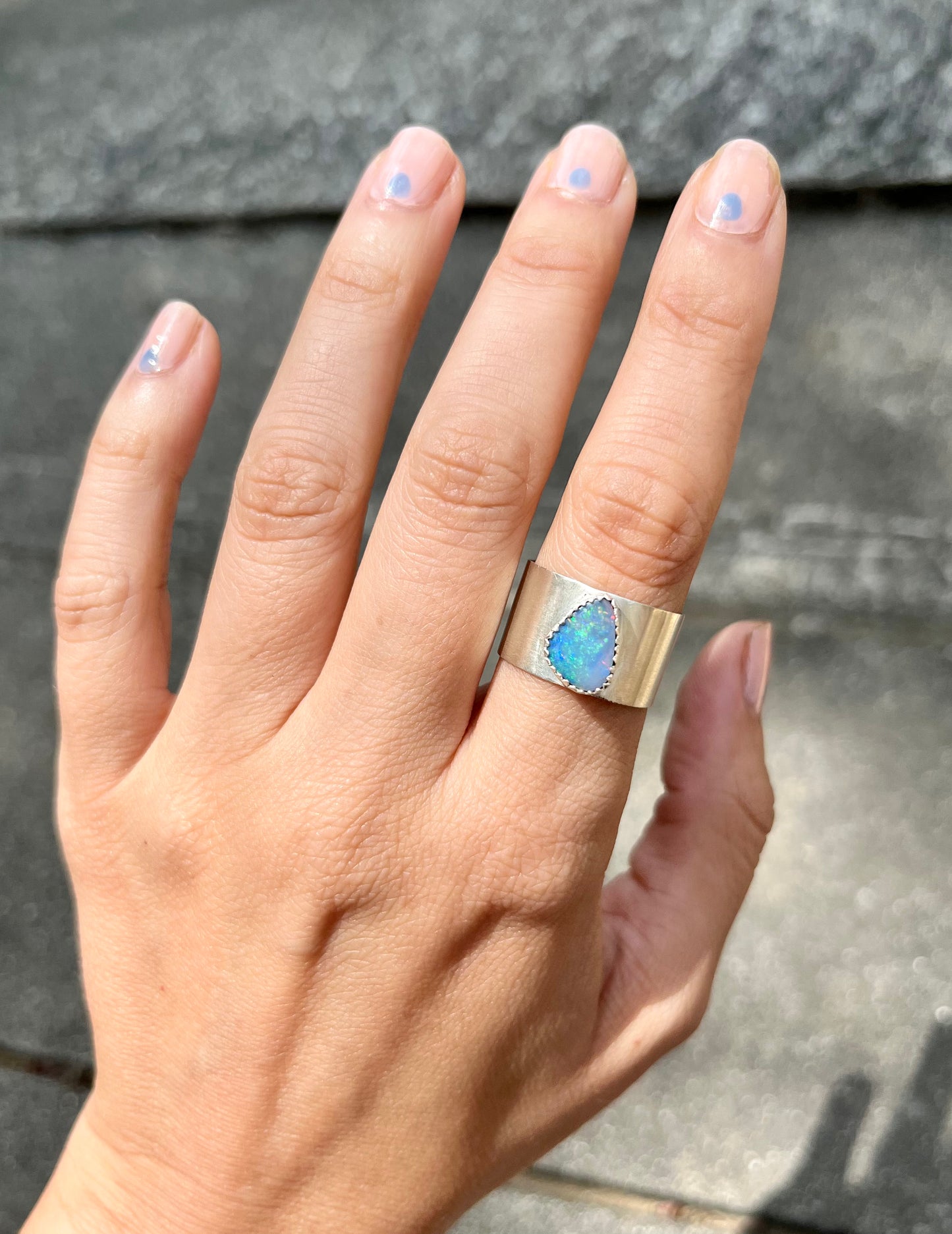 organic-shaped opal wide silver ring - size 8