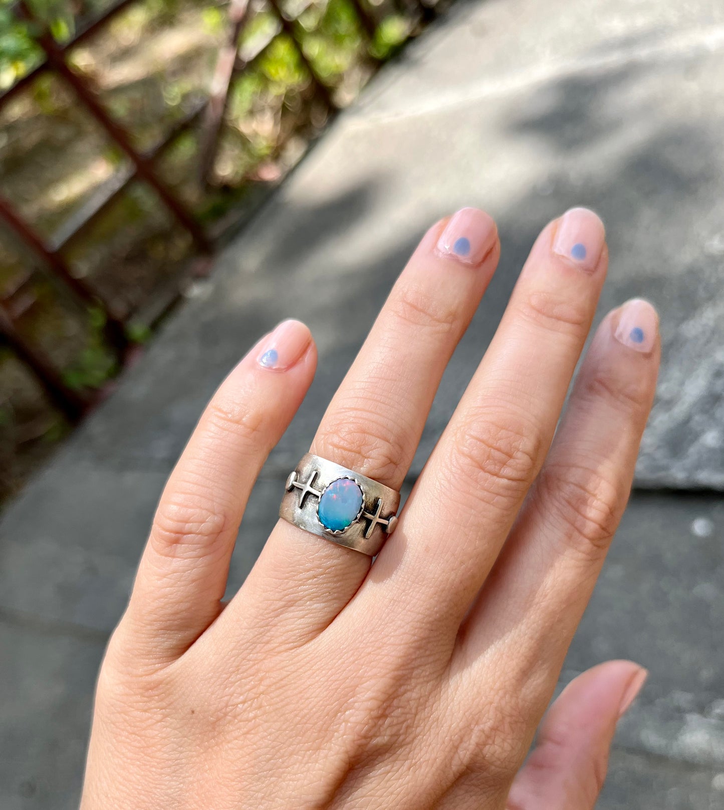 geometric opal domed silver ring - size 6.75