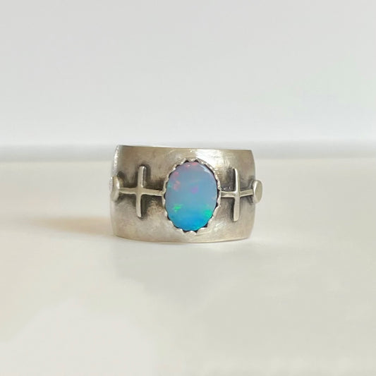 geometric opal domed silver ring - size 6.75