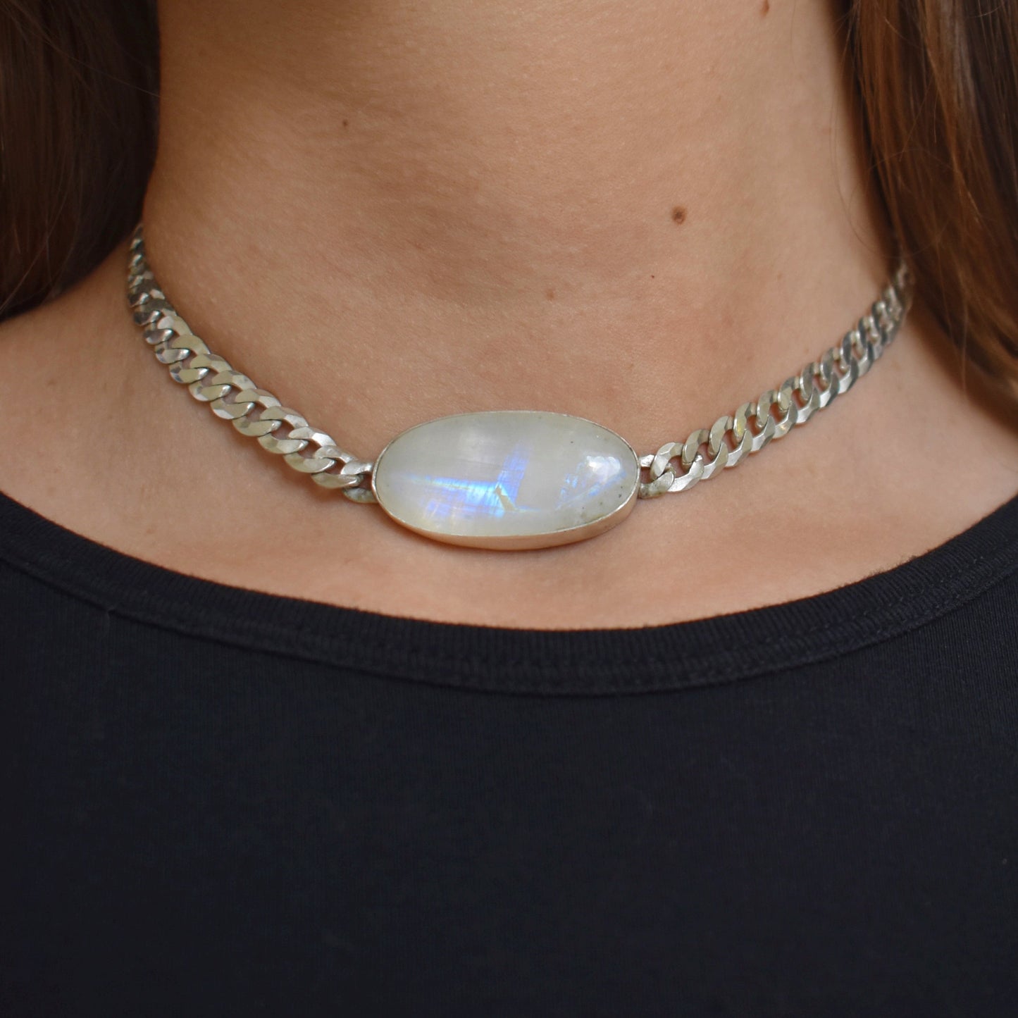 moonstone layering necklace in curb or paperclip sterling silver chain
