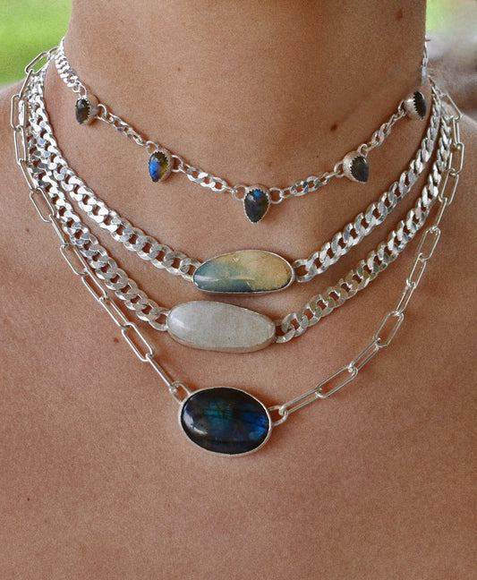 gemstone of your choice layering necklace in curb or paperclip sterling silver chain