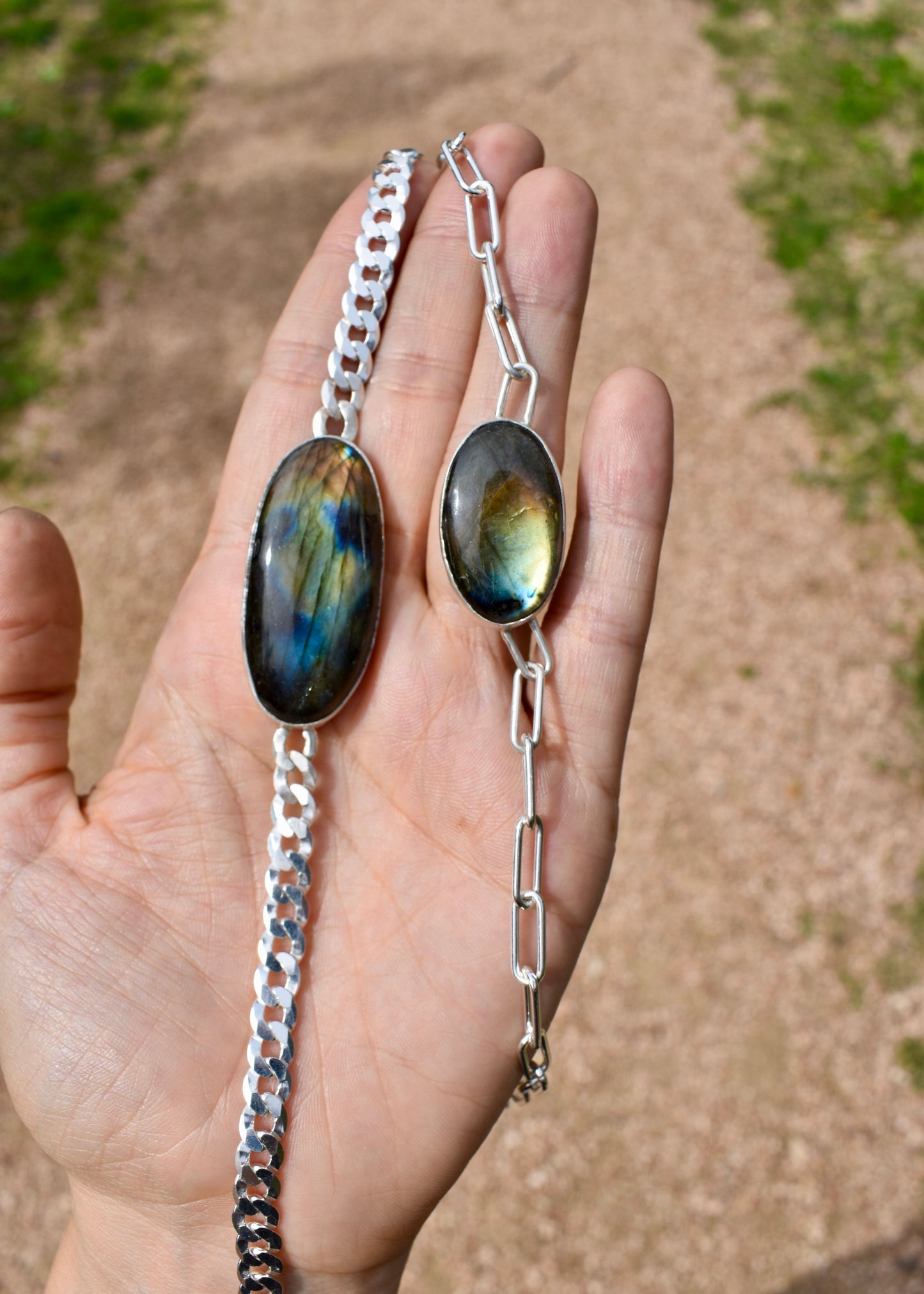 labradorite layering necklace in curb or paperclip sterling silver chain