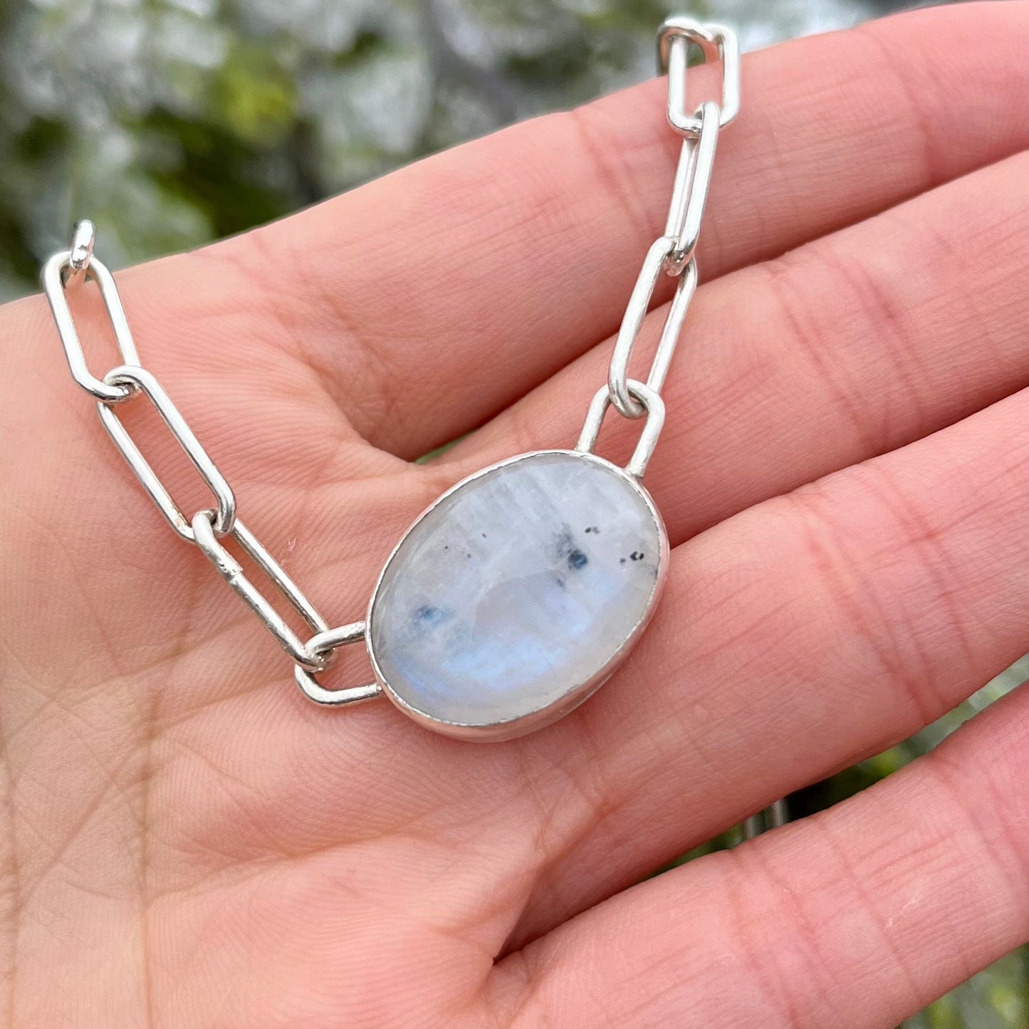 moonstone layering necklace in curb or paperclip sterling silver chain
