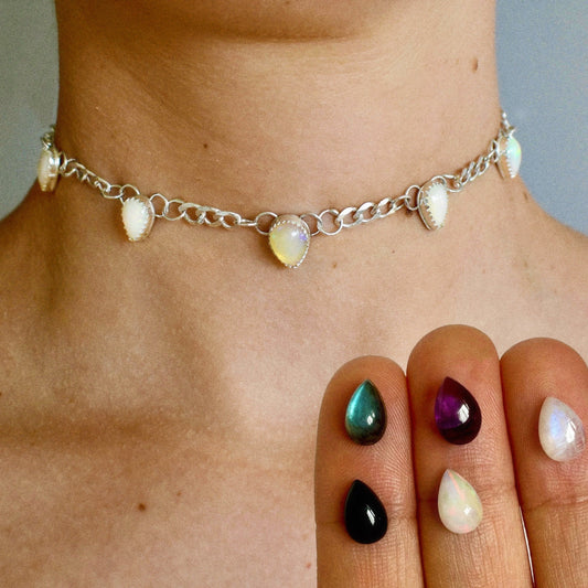 whimsical {opal, moonstone, onyx, labradorite, amethyst} choker necklace