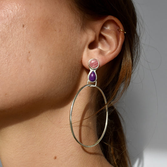 pink rhodochrosite & purple mojave turquoise hoop earrings in sterling silver